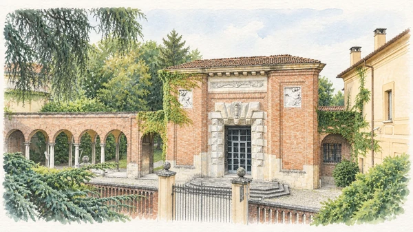 Watercolour: Galleria Ricci Oddi Piacenza, brick entrance pavilion and lower arcade in a green garden