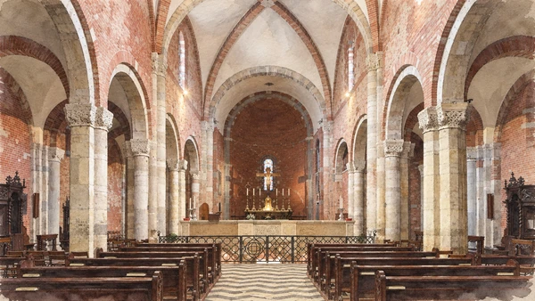 Watercolour: San Savino Piacenza, nave with stone piers, brick arches, timber pews and raised sanctuary