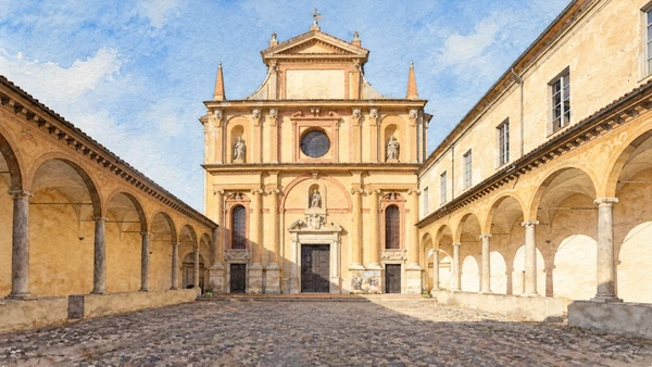Watercolour: San Sisto Piacenza, pale church facade at the end of a paved courtyard with side arcades