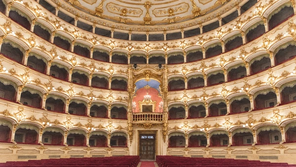 Watercolour: Teatro Municipale Piacenza, view from the stage toward decorated tiers of boxes and central royal box