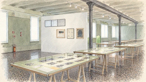 Watercolour: XNL Piacenza, exhibition gallery with structural columns, display tables and white partitions