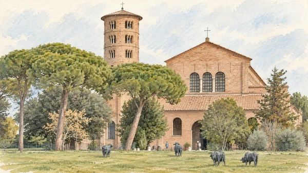 Watercolour: Sant’Apollinare in Classe, brick basilica and cylindrical tower behind umbrella pines