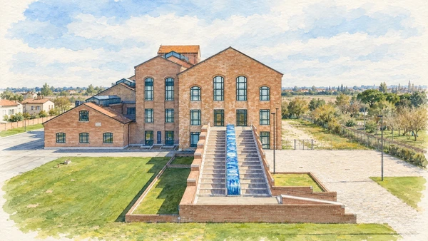 Watercolour: Classis Ravenna museum, restored brick sugar factory and blue mosaic entrance staircase