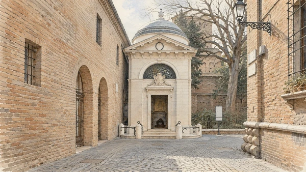 Watercolour: Dante’s Tomb Ravenna, small pale domed shrine at the end of a cobbled lane