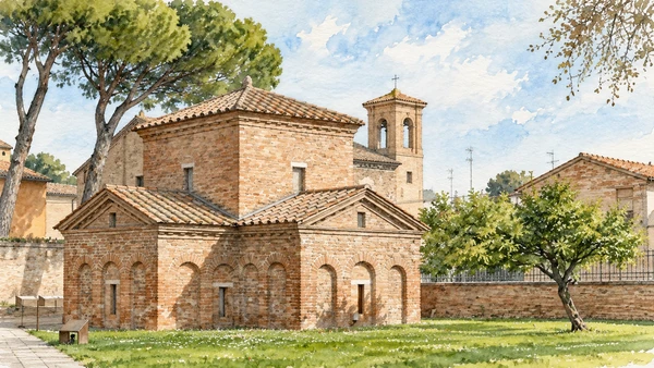 Watercolour: Mausoleum of Galla Placidia Ravenna, modest cross-plan brick exterior with raised central volume