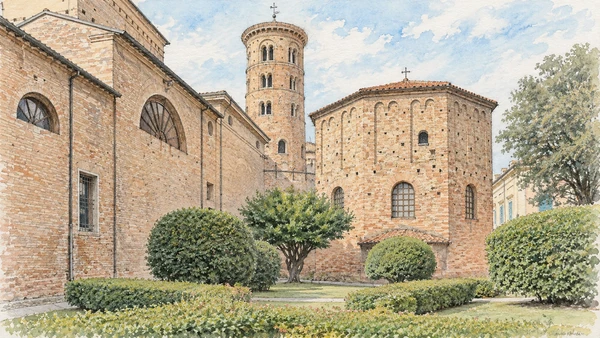 Watercolour: Neonian Baptistery Ravenna, octagonal brick exterior beside the cathedral and cylindrical bell tower
