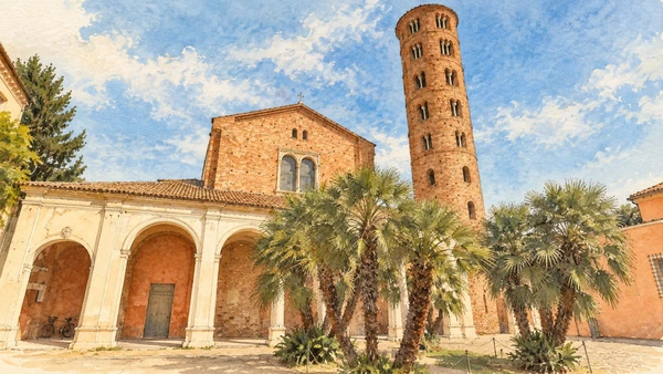 Watercolour: Sant’Apollinare Nuovo Ravenna, brick facade, pale entrance portico and cylindrical campanile