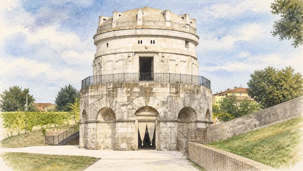 Watercolour: Mausoleum of Theodoric Ravenna, pale stone two-level structure with monolithic roof