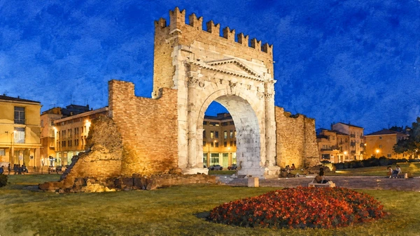 Watercolour: Arch of Augustus Rimini at dusk, single stone opening with medieval battlement and low wall remnants