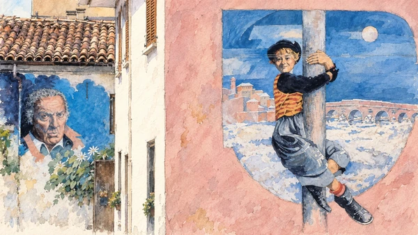 Watercolour: Borgo San Giuliano Rimini, close study of film-inspired murals on pink and pale house walls