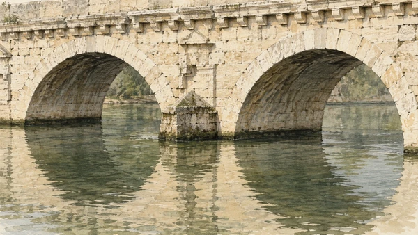 Watercolour: Tiberius Bridge Rimini, close view of two stone arches and central pier reflected in calm water