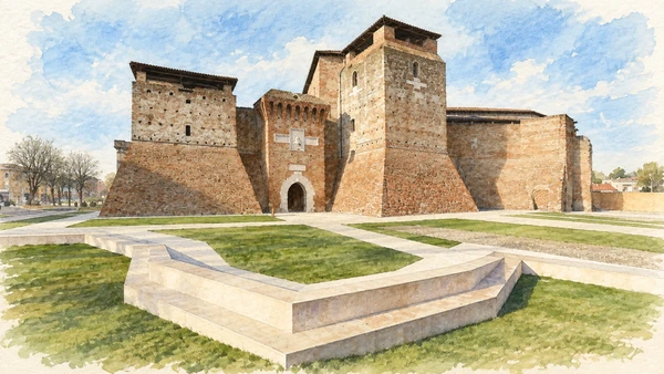 Watercolour: Castel Sismondo Rimini, surviving brick nucleus beside modern low geometric walls and lawn