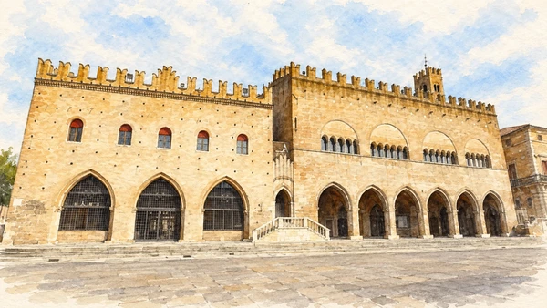 Watercolour: Piazza Cavour Rimini, Arengo and Podestà palace facades with pointed ground-floor arcades