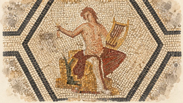 Watercolour: Surgeon’s House Rimini, detail of the Orpheus mosaic with a seated lyre player within a geometric border