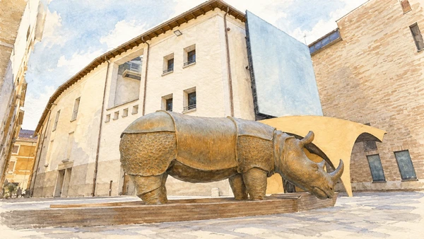 Watercolour: Rhinoceros sculpture outside Palazzo del Fulgor in Rimini, with the museum-side entrance behind