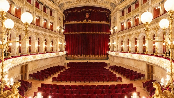 Watercolour: Galli Theatre Rimini, reconstructed white-and-gold auditorium facing a red stage curtain