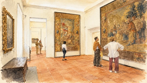 Watercolour: Rimini City Museum, historic painting gallery with tiled floor and small groups of visitors