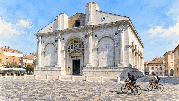 Watercolour: Tempio Malatestiano Rimini, unfinished pale stone facade with three great arches and people in the square