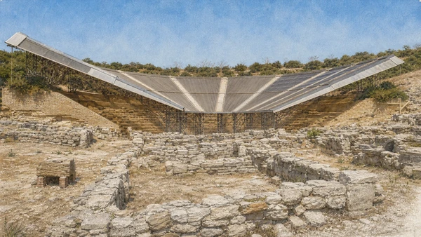 Eraclea Minoa: Complete Guide to the Ancient City, Capo Bianco and the Platani Coast 15 Documentary watercolour of Eraclea Minoa's theatre beneath its angular modern protective canopy, with vulnerable stone seating and low archaeological rooms in front