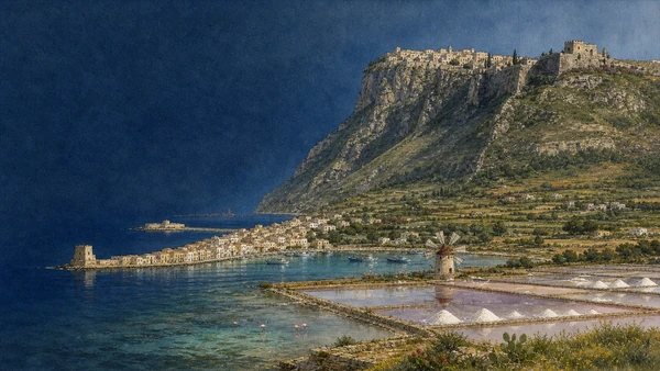 Documentary spring watercolour linking Erice on its real mountain with Trapani's sickle-shaped coast, Torre di Ligny, harbour, salt pans and windmills
