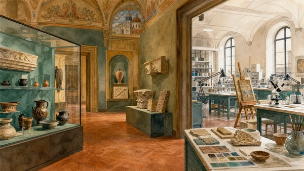 Original documentary watercolour of archaeological displays and a Florence conservation laboratory
