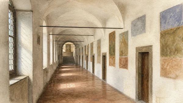 Original documentary watercolour of the San Marco dormitory corridor and abstract wall-painting fields