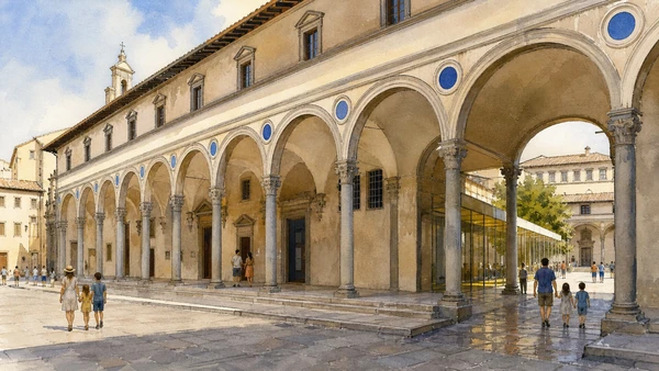 Original documentary watercolour of the Innocenti loggia, courtyard and museum passage