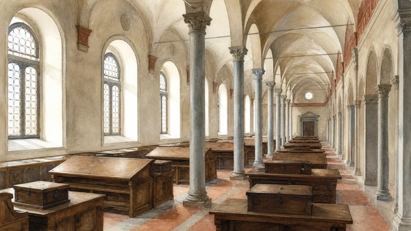 Original documentary watercolour of Michelozzo's three-aisled library at San Marco