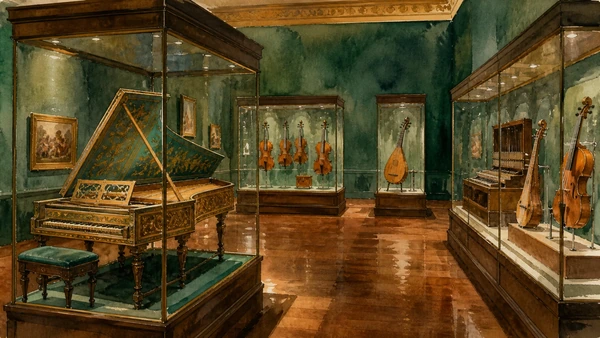 Original documentary watercolour of the Accademia's historic musical-instrument gallery