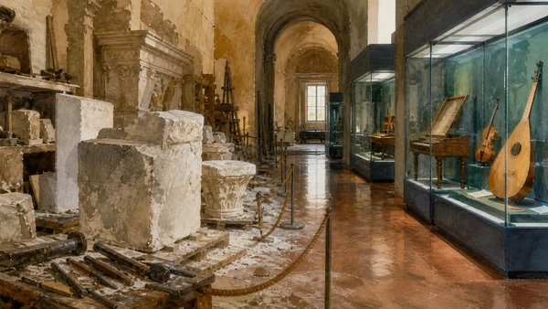 Original documentary watercolour combining rough marble workshop evidence and historic instrument displays
