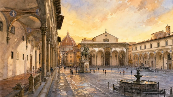 Original documentary watercolour of Piazza Santissima Annunziata and its corresponding loggias