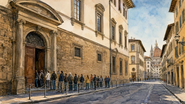 Original documentary watercolour of the Accademia entrance and controlled queue on Via Ricasoli