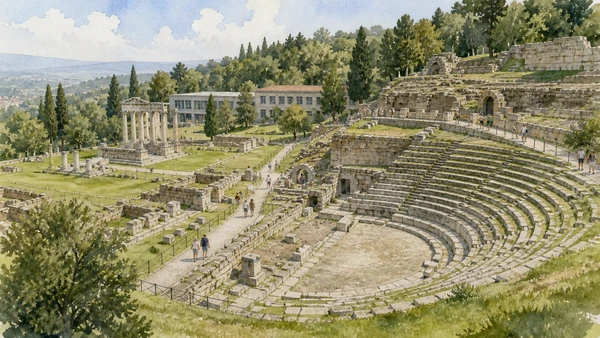 Original documentary watercolour of Fiesole's Roman theatre, baths and archaeological museum