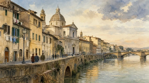 Original documentary watercolour of the Arno and Florence lungarni with flood markers