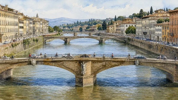 Original documentary watercolour comparing Florence bridges and their rebuilt river approaches