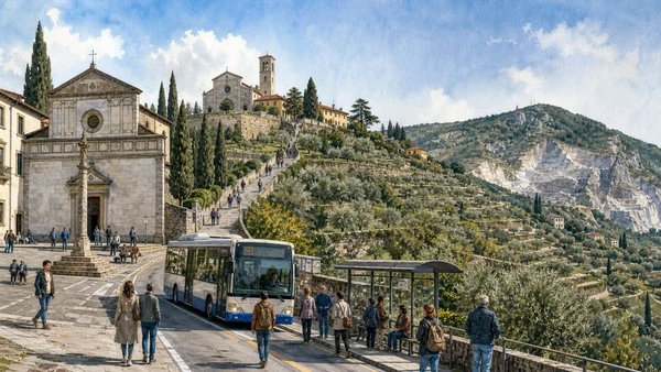 Original documentary watercolour of Fiesole's civic square, San Francesco hill and bus connection