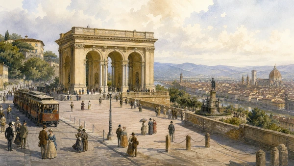 Original documentary watercolour of Poggi's Piazzale Michelangelo terrace and loggia