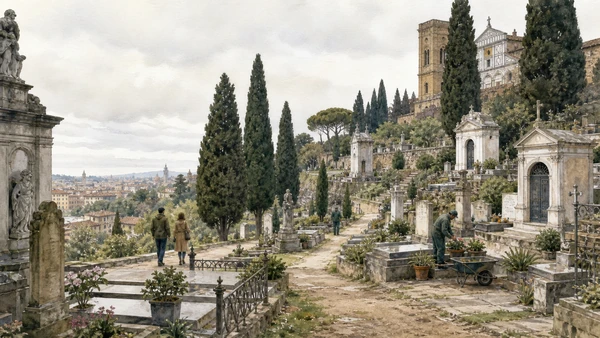 Original documentary watercolour of the terraced Porte Sante cemetery beside San Miniato