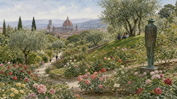 Original documentary watercolour of paths, roses and sculpture in Florence's Rose Garden