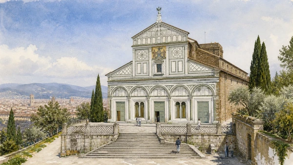 Original documentary watercolour of San Miniato al Monte's marble façade and forecourt