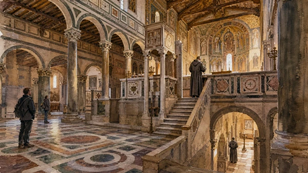 Original documentary watercolour of San Miniato's nave, crypt and monastic evening office