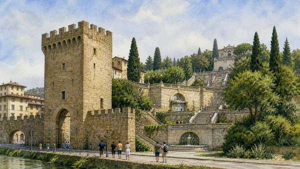 Original documentary watercolour of Porta San Niccolò and Poggi's ascending ramps