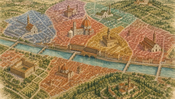 Original illustrated atlas of Florence showing the Arno, historic centre, Oltrarno, San Miniato and Fiesole