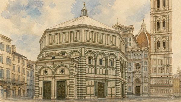 Original documentary watercolour exterior of the octagonal Baptistery of San Giovanni in Florence
