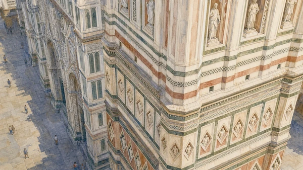 Original documentary watercolour of Giotto's marble campanile and its lower sculptural relief programme
