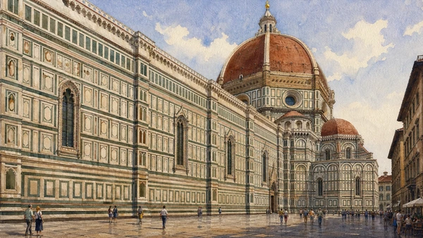 Original documentary watercolour of the marble exterior and dome of Santa Maria del Fiore