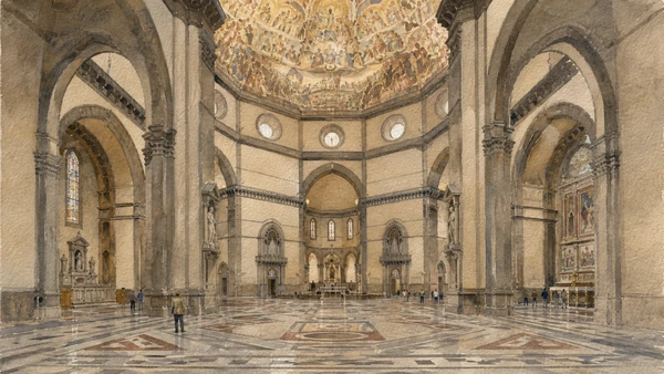 Original documentary watercolour of the vast nave, crossing and painted dome inside Florence Cathedral