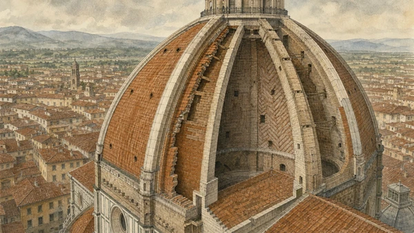 Original documentary watercolour cutaway view of Brunelleschi's double-shell dome and herringbone brickwork