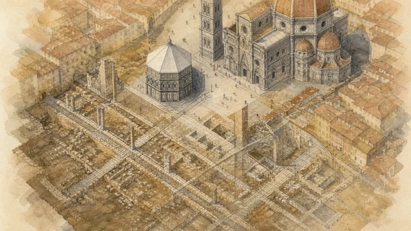 Original documentary watercolour archaeological palimpsest of Roman Florentia beneath the medieval cathedral quarter