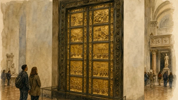 Original documentary watercolour of Ghiberti's original gilded Gates of Paradise displayed in the Opera del Duomo Museum
